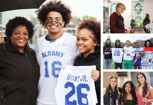Collage of photos: senior boys' lacrosse player with loved ones, art student at Create Fest, senior girls' flag football player with loved ones, students with instruments at spring concert