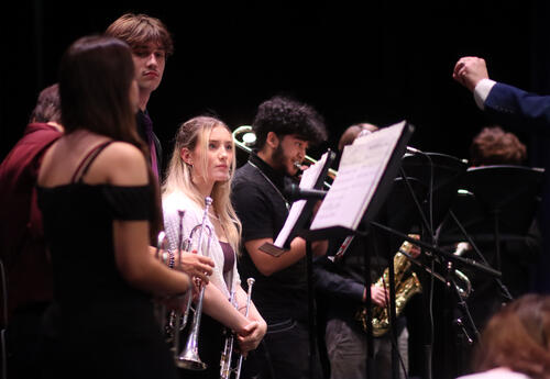 Marcela DiVirgilio, Andrew Fish, Sidney Blanken, and Freddy Lizardo (left to right) playing jazz at an Albany High chamber concert