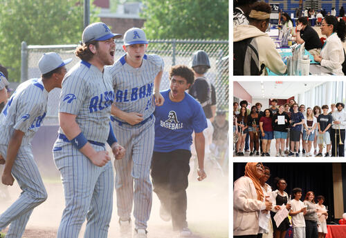 Collage of photos: baseball quarterfinal victory, students at Career Fair, students with "Outstanding Student Orchestra" award, students at World Language Induction Ceremony