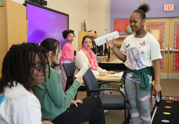 A student is sworn in during a mock trial.