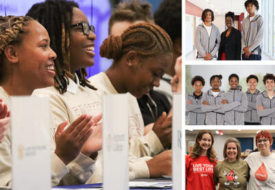 Collage of photos: Athletic College Commitment Signing Ceremony, My Brother's Keeper Fellows with club advisor, track athletes who qualified for state championship, student blood drive volunteers with club adviser