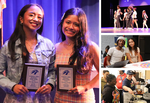 Collage of photos: Varsity Athletic Awards Ceremony, Falcon dance performance, senior civic capstone projects, cooking lesson with The Sylvia Center