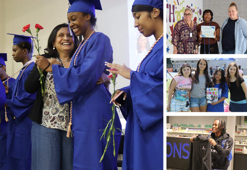 Collage of photos: Dual Language cord ceremony at AIA, photo of Kate Wright, Christina Pringle and Kristine Monahan, photo of seniors at field day, photo of James Campbell