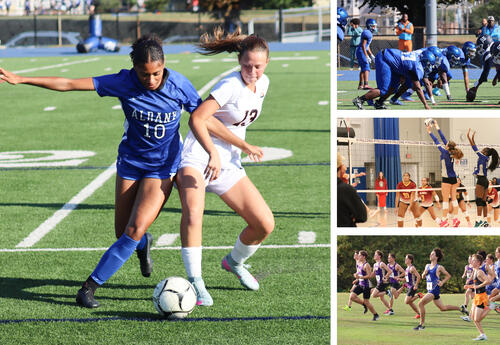 Collage of students playing fall sports: girls' soccer, football, volleyball and boys' cross country