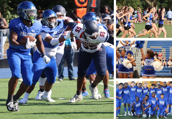 Collage of sports photos including football, girls' cross country, cheerleading and boys' soccer