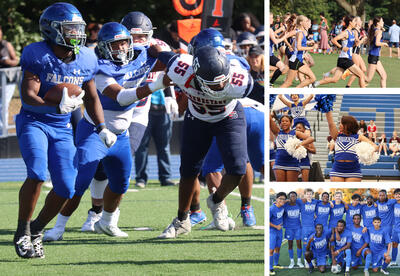 Collage of sports photos including football, girls' cross country, cheerleading and boys' soccer