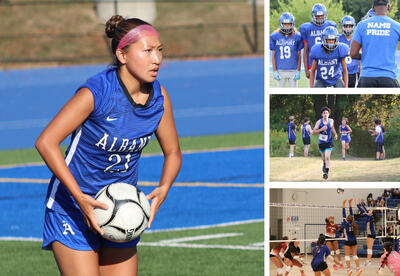 Photo collage: girls' soccer, football, boys' cross country and volleyball