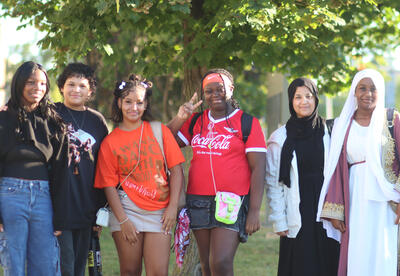 Group of Hackett Middle School students posing for a picture on the first day of school