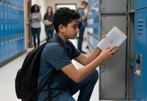 Student putting a cell phone case in a locker at school
