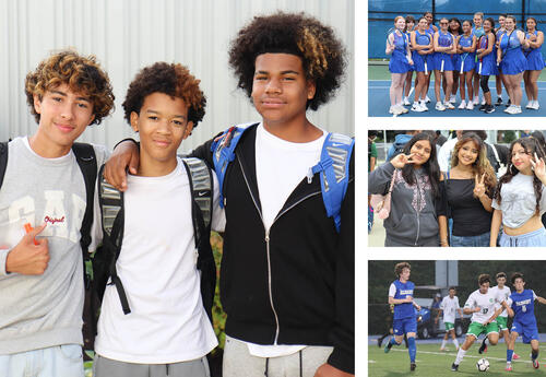 Collage of photos: freshman first day group photo, girls' tennis team, Welcome Back Day event group photo of students and boys' soccer team in action