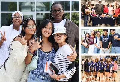 Collage of photos: first day group photo, Chicks with Sticks of Glenmont, New York donation, first day group photo of students and girls' volleyball photo