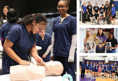 Collage of photos: CPR training, No Hate Tour, three music students selected for All-State performance, volleyball team after tournament win