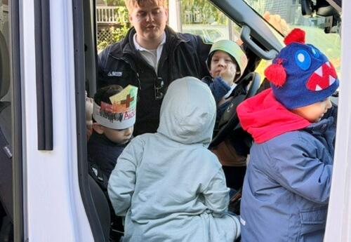 Students tour an ambulance during a visit from Mohawk Ambulance.