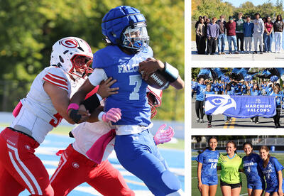 Collage of photos: Homecoming football game, field trip to Hudson River, Homecoming Parade, girls' soccer game