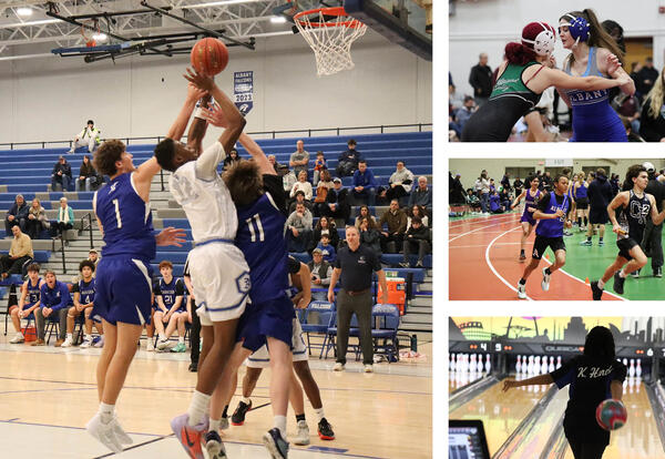 Collage of sports photos including boys' basketball, girls' wrestling, boys' indoor track, bowling