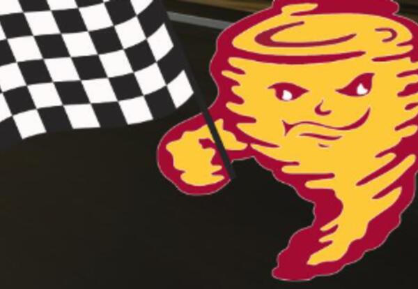 Racetrack with Golden Tornado holding a race flag