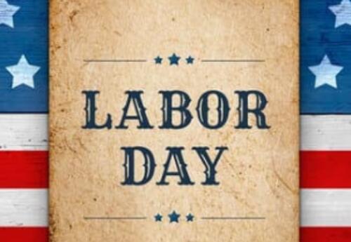 US Flag, with a brown paper bag slate in the center of it, that reads Labor Day