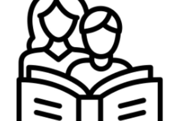 Black outline drawing of two people reading a book