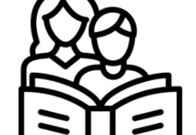 Black outline drawing of two people reading a book