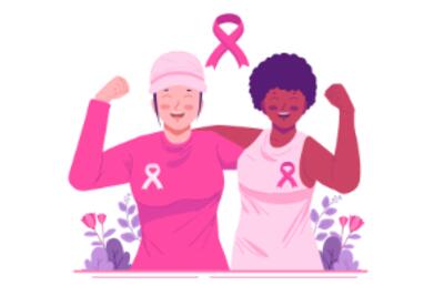 two women with pink shirts supporting breast cancer, graphic images