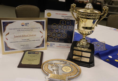 Several awards on display on a table