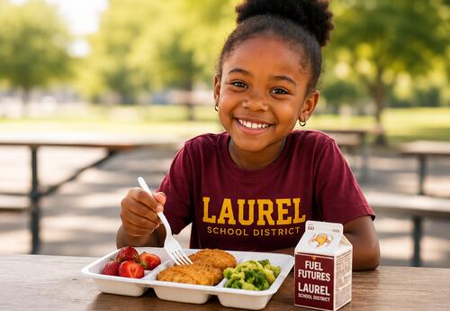 A smiling young student from Laurel School District sits outdoors enjoying a healthy school lunch tray with fruit, vegetables, and milk while wearing a maroon Laurel School District shirt.
