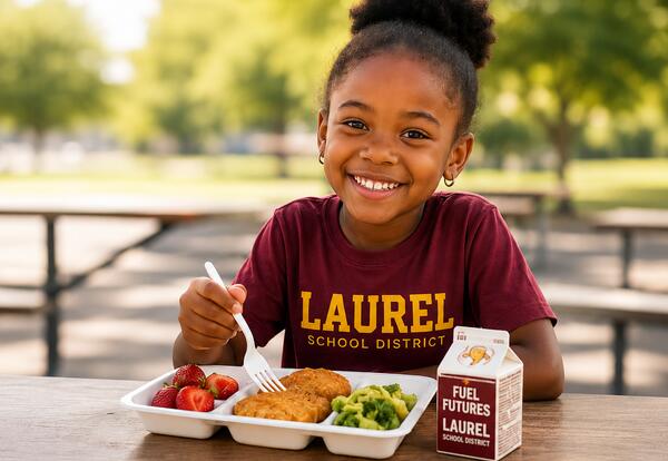 A smiling young student from Laurel School District sits outdoors enjoying a healthy school lunch tray with fruit, vegetables, and milk while wearing a maroon Laurel School District shirt.