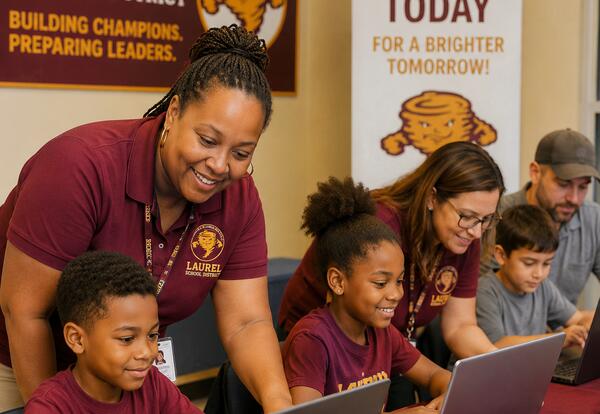 ADA Description: Laurel School District staff members assist students and families with online registration in a computer lab setting. Children sit at laptops while smiling district employees wearing Laurel School District polos provide support and guidan