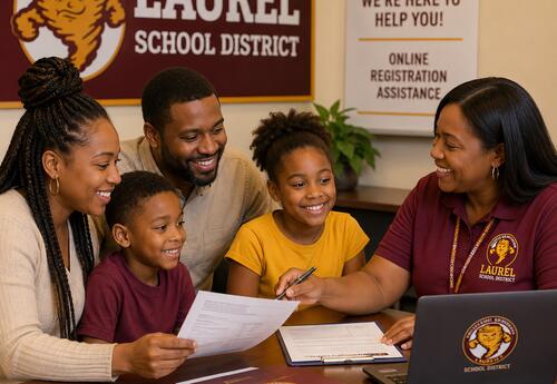ADA Description: A family sits at a table with registration documents while a smiling Laurel School District employee assists them with online registration. The image shows a welcoming school office setting with district branding in maroon and gold.