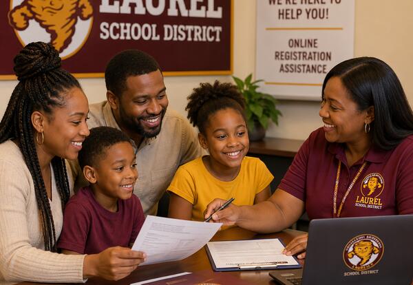 ADA Description: A family sits at a table with registration documents while a smiling Laurel School District employee assists them with online registration. The image shows a welcoming school office setting with district branding in maroon and gold.