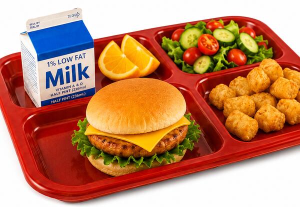 A red school lunch tray filled with a cheeseburger, tater tots, orange slices, a fresh salad with lettuce, cucumbers and tomatoes, and a carton of low-fat milk on a white background.