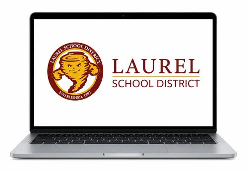 A silver laptop is shown on a clean white background with its screen open. The laptop display features the Laurel School District logo, including the district's tornado emblem and the words "Laurel School District" in maroon lettering. The simple, unclutt