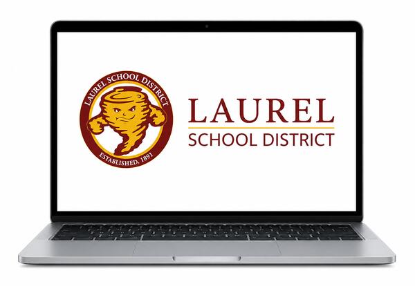 A silver laptop is shown on a clean white background with its screen open. The laptop display features the Laurel School District logo, including the district's tornado emblem and the words "Laurel School District" in maroon lettering. The simple, unclutt
