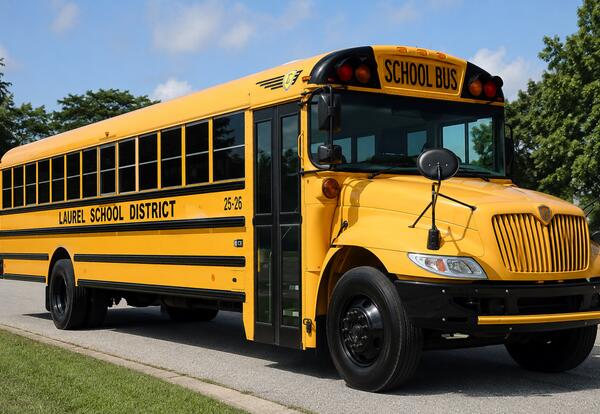 A yellow Laurel School District school bus is parked on a roadway beneath a blue sky, with green trees in the background.