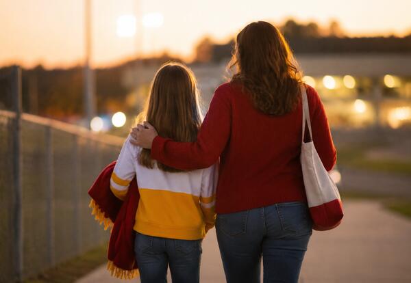 Alt text: A parent places an arm around a preteen as they walk together toward a school athletic event at sunset. Both are pictured from behind wearing cardinal, gold and white.