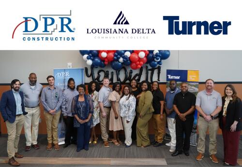 Photo of graduating class and LDCC faculty and staff in front of balloon arch and company banners. Overlaying logos of DPR Construction and Turner Construction.