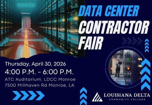 Promotional graphic for a “Data Center Contractor Fair” at Louisiana Delta Community College. The design features a background image of a modern data center server room with glowing blue and orange lighting. Event details are displayed: Thursday, April 30