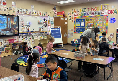 Students explore hands-on learning spaces in Ms. Pieczynski’s TK classroom at Grant Elementary.