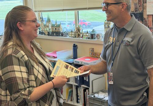 Superintendent Spencer Taylor visits schools and departments throughout Eastmont during a monthly tradition of personally delivering employee newsletters.