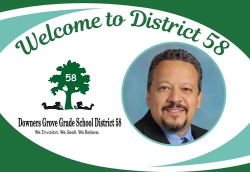 Welcome to District 58 with blue and green decor and headshot of man