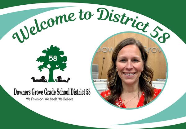 Welcome to District 58 with headshot of woman with wavy brown hair in red dress