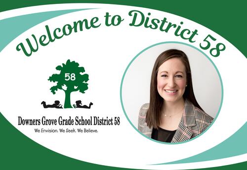 Welcome to District 58 in white, green and mint with headshot of woman in suit