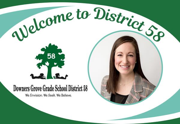 Welcome to District 58 in white, green and mint with headshot of woman in suit