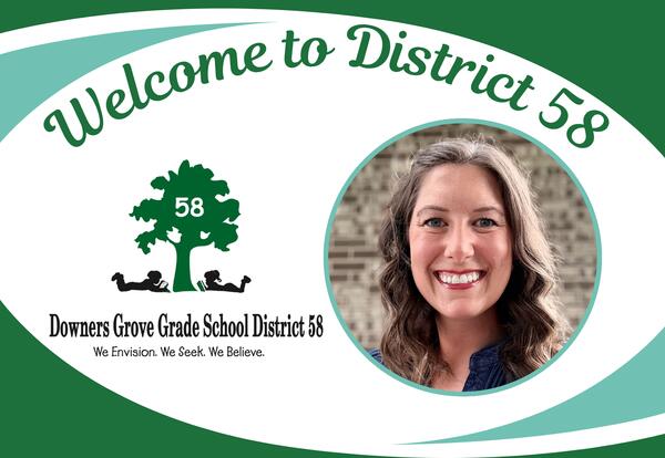 Welcome to District 58 graphic with professional headshot of woman