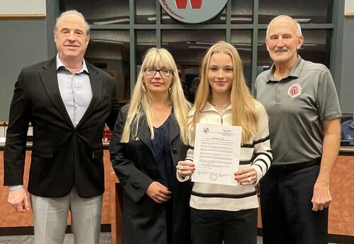 From L to R:  CUSD201 Superintendent Jack Baldermann, Tetyana Shamarina, Natasha Shamarina-Ege, and Mayor Ron Gunter
