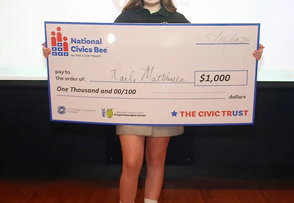 Karli Matthews, eighth-grader, wins state National Civics Bee competition!