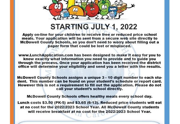 Apply Online Now For Free or Reduced Lunch for 2022-2023 | McDowell County  Schools