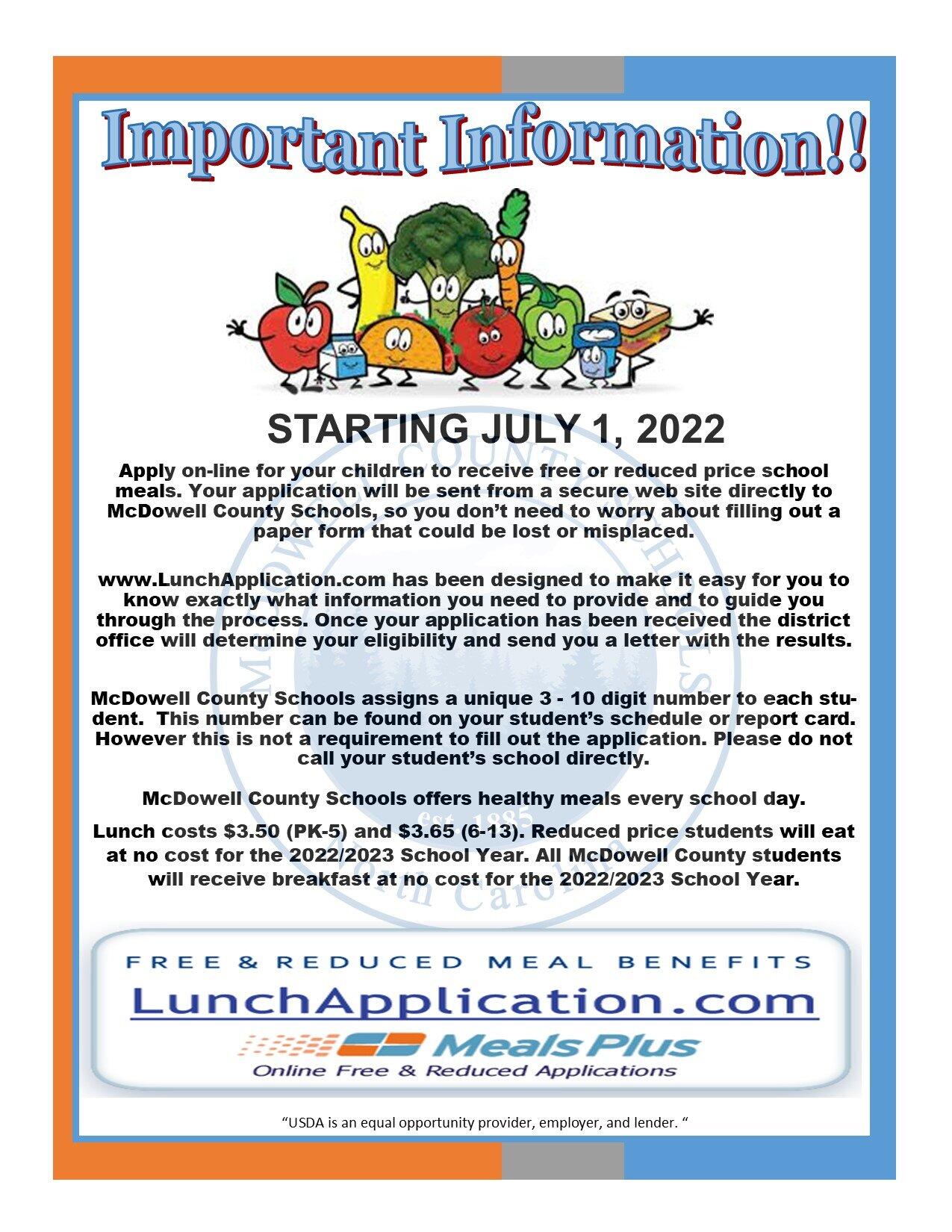 Apply Online Now For Free or Reduced Lunch for 2022 2023 McDowell