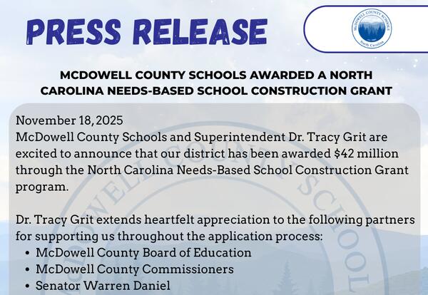 Press Release: McDowell County Schools Awarded a North Carolina Needs-Based School Construction Grant