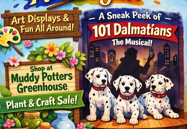 Bloomin' Arts Night flyer featuring art displays, a sneak peek of 101 Dalmatians musical, greenhouse sale, nachos